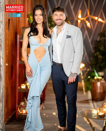 Beautiful model wearing Eden Sleeveless Gown HIRE (Baby Blue), by Amy Taylor Collection. Contact us today to order your perfect outfit. 1